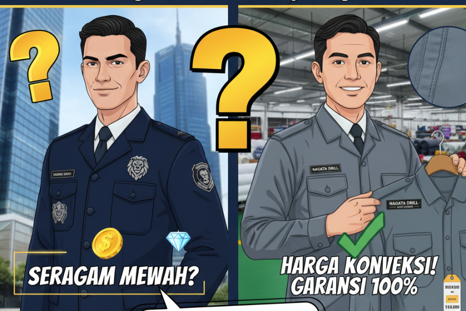 Ilustrasi perbandingan seragam mewah versus seragam kualitas konveksi Jogja, Kemeja PDL, seragam instansi, harga konveksi