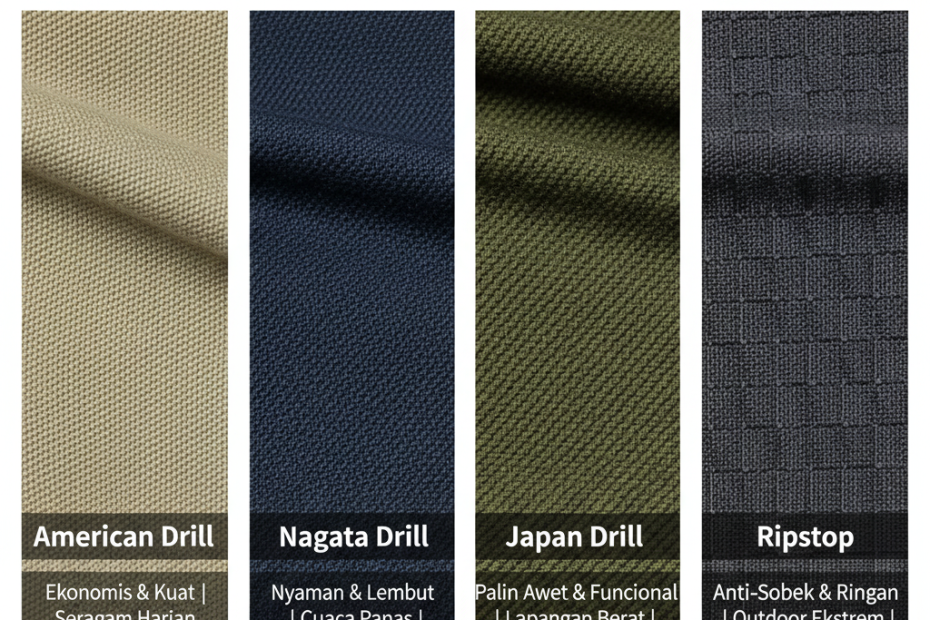 Perbandingan bahan Kemeja PDL American Drill, Japan Drill, Nagata Drill, dan Ripstop oleh Suffix Konveksi Jogja