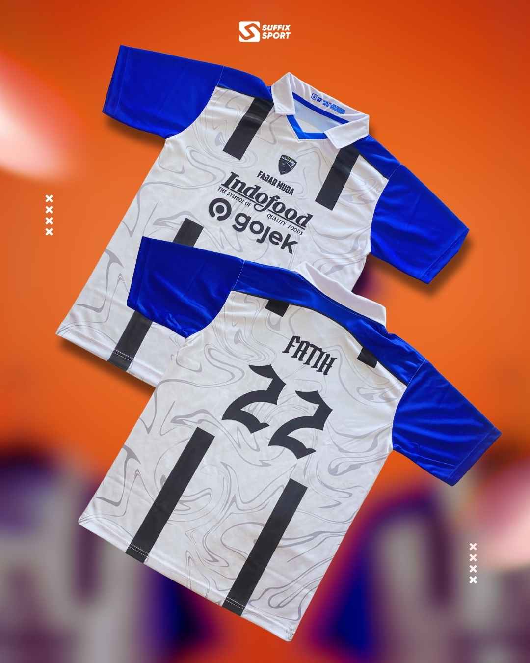 Detail depan dan belakang jersey custom warna putih biru dengan logo Indofood dan Gojek, nama punggung Fatih nomor 22.