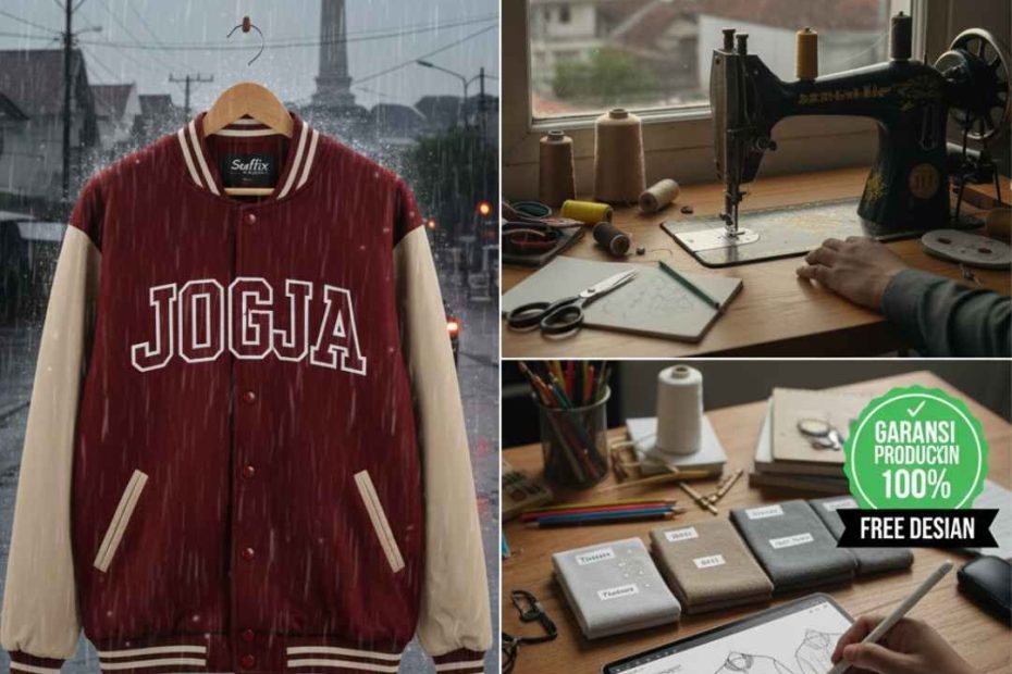 Jaket varsity custom Suffix Konveksi Jogja warna merah marun dengan latar belakang Tugu Yogyakarta saat musim hujan, jasa pembuatan jaket custom minimal 12 pcs di Yogyakarta untuk instansi dan komunitas, konveksi jaket premium Jogja dengan garansi 100 persen dan free desain.