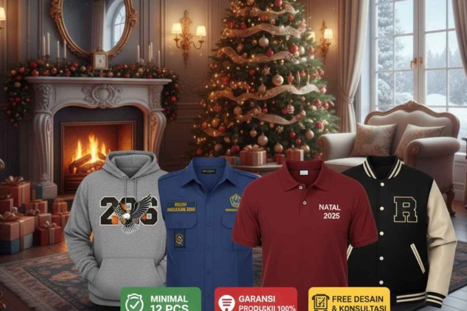 Suasana produksi di workshop Suffix Konveksi Bantul Yogyakarta yang sedang menjahit seragam custom kualitas premium untuk pesanan Natal dan Tahun Baru 2026.