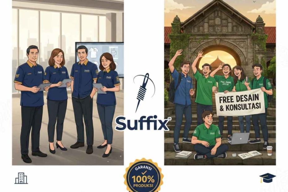 Ilustrasi layanan Suffix Konveksi Jogja untuk produk polo custom, menampilkan tim profesional instansi BUMN mengenakan polo biru navy dan kelompok mahasiswa di depan ikon kampus Yogyakarta, dilengkapi logo Suffix dan stempel Garansi Produksi 100%.
