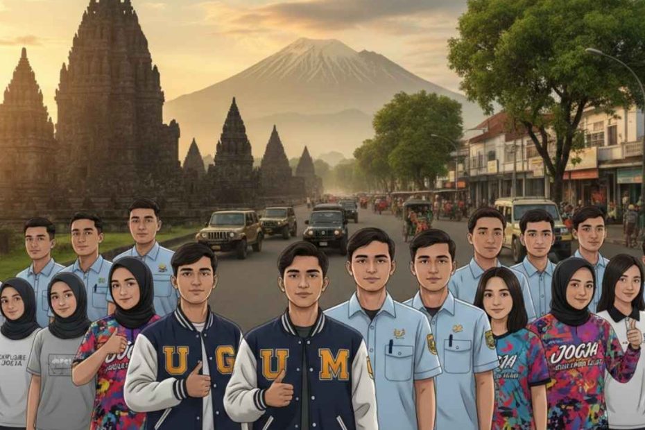 Kumpulan komunitas dan organisasi mengenakan jaket varsity, kemeja PDL, dan kaos custom dari Suffix Konveksi Jogja dengan latar belakang Candi Prambanan dan Gunung Merapi Yogyakarta
