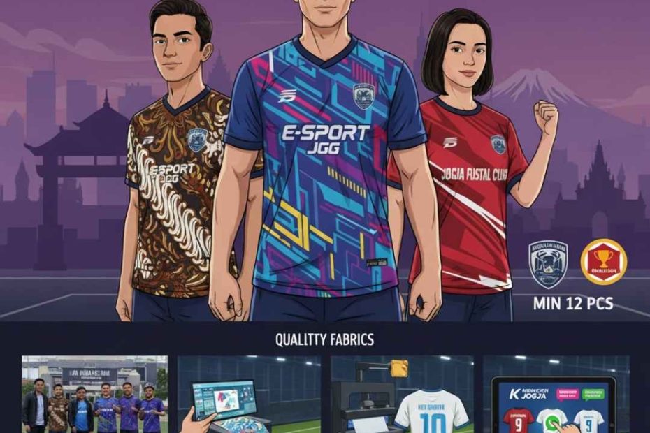 Tiga orang model menggunakan jersey futsal custom dengan desain sublimasi penuh bertema e-sport dan motif batik, produksi Konveksi Jersey Futsal Komunitas Custom Jogja,