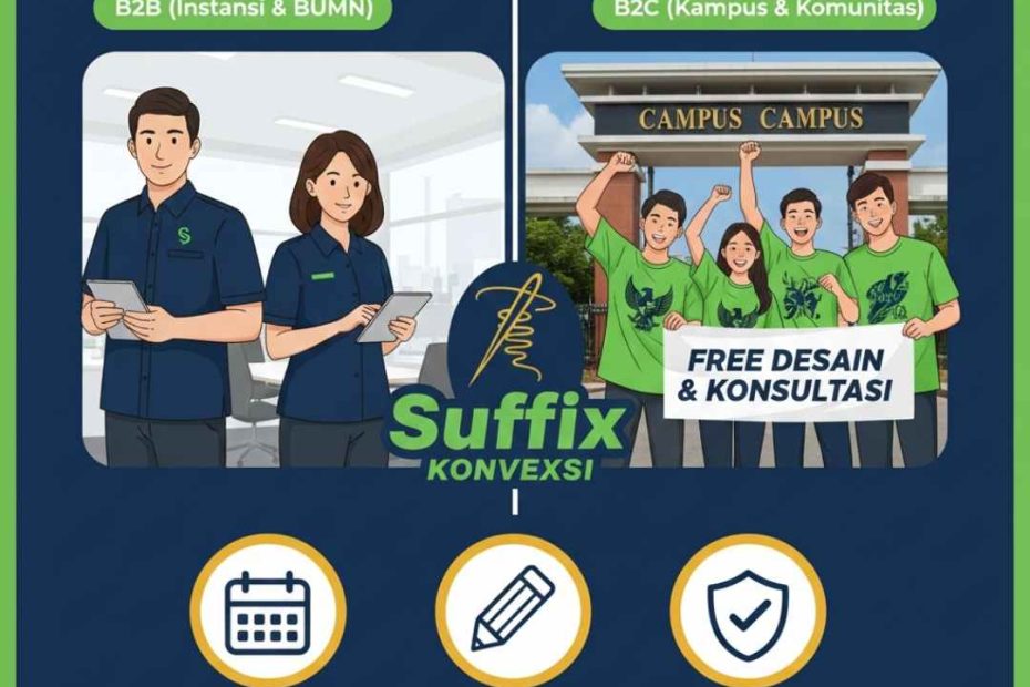 Ilustrasi kemeja PDH dan PDL profesional produksi Suffix Konveksi Jogja dengan detail bordir komputer rapi, menampilkan desain kemeja tactical dan korsa untuk seragam instansi BUMN serta organisasi mahasiswa di Yogyakarta, dilengkapi logo Suffix dan stempel garansi produksi 100 persen.