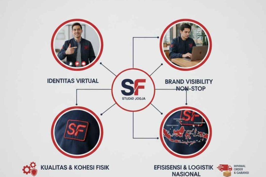 Jaket seragam kerja hybrid, bordir patch emblem presisi, kohesi tim digital, konveksi jaket jogja terpercaya, minimal order.