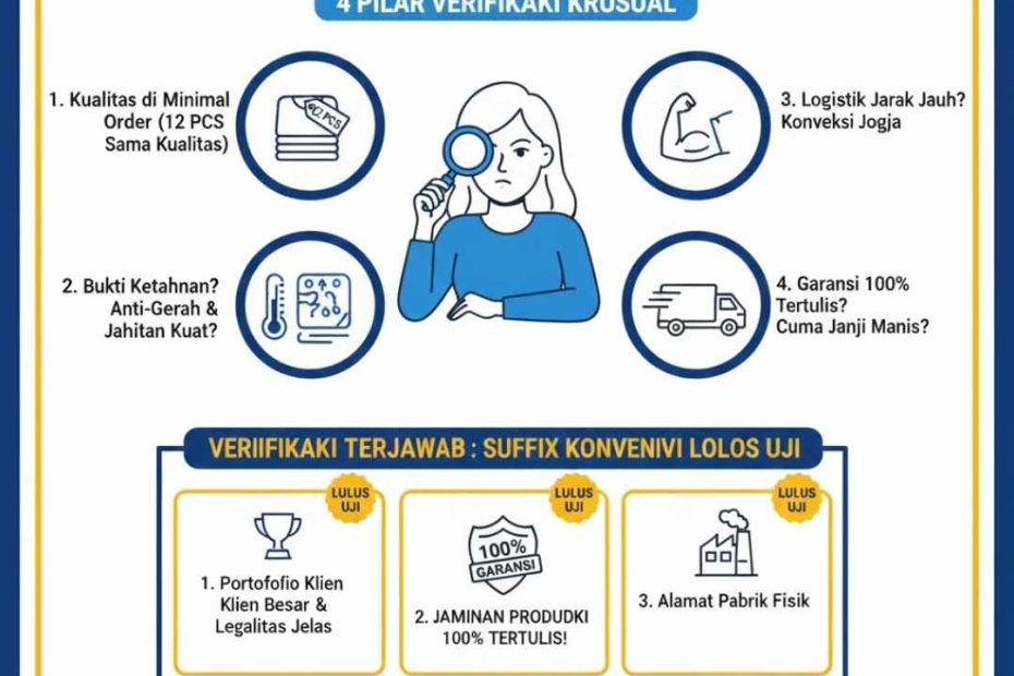 Proses verifikasi konveksi terpercaya, calon mitra menguji klaim garansi 100%, seragam kualitas garmen anti rugi, bukti jahitan kuat dan bordir presisi.