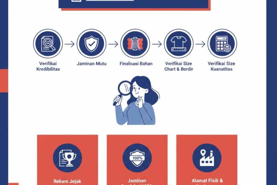 Perbandingan risiko konveksi (tanda tanya) vs solusi garansi 100% (checklist), proses verifikasi konveksi terpercaya, seragam kualitas garmen anti rugi.