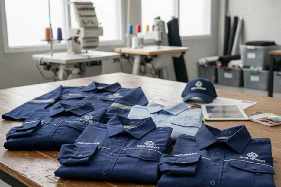 Sekumpulan kemeja seragam custom warna navy dan biru muda bahan Drill dengan bordir logo perusahaan diletakkan di meja kayu di area produksi konveksi terpercaya, lengkap dengan mesin bordir dan topi custom, menunjukkan kualitas produk konveksi di Jogja.