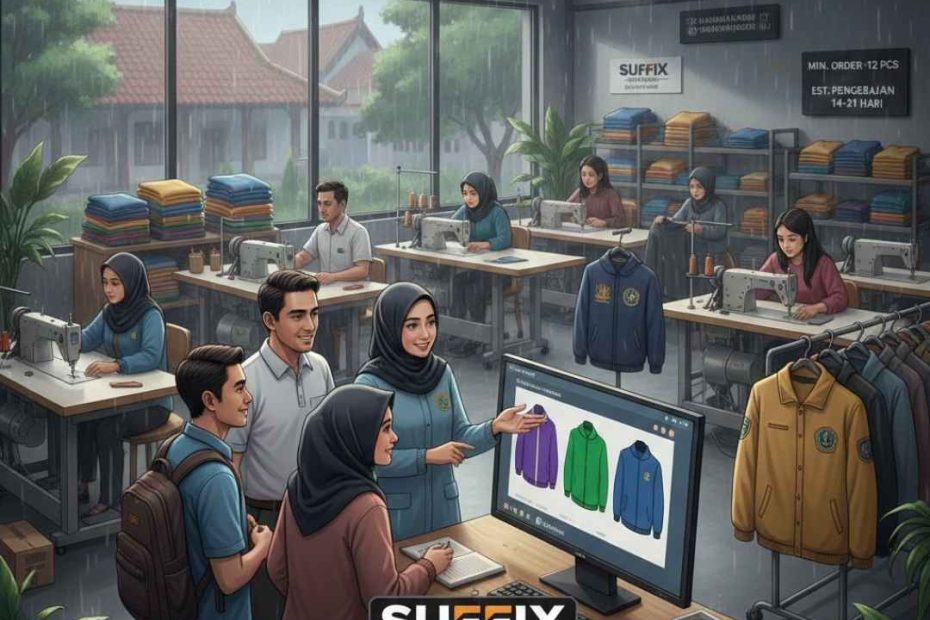 Suasana workshop Suffix Konveksi Jogja saat memproduksi jaket custom untuk komunitas dan instansi di musim hujan dengan layanan konsultasi desain gratis.