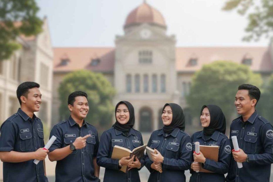 Sekelompok mahasiswa di Yogyakarta mengenakan seragam organisasi hasil produksi Suffix Konveksi dengan latar belakang gedung kampus.