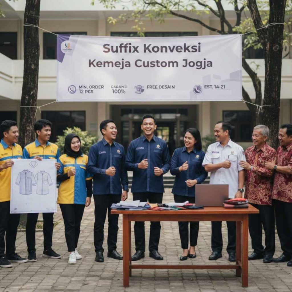 Jasa konveksi kemeja custom Jogja Suffix Konveksi melayani pembuatan kemeja korsa organisasi, seragam kerja kantor BUMN, kemeja angkatan mahasiswa, dan seragam reuni sekolah dengan garansi produksi 100 persen.