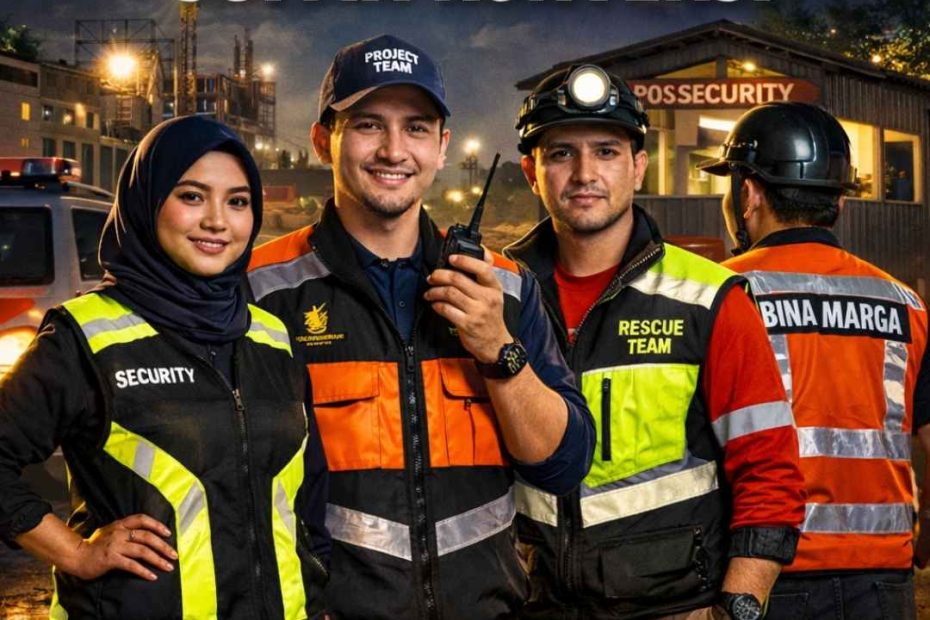 Rompi kerja malam custom dengan reflektor produksi Suffix Konveksi Jogja untuk keamanan kerja lapangan, organisasi, kampus, dan instansi.