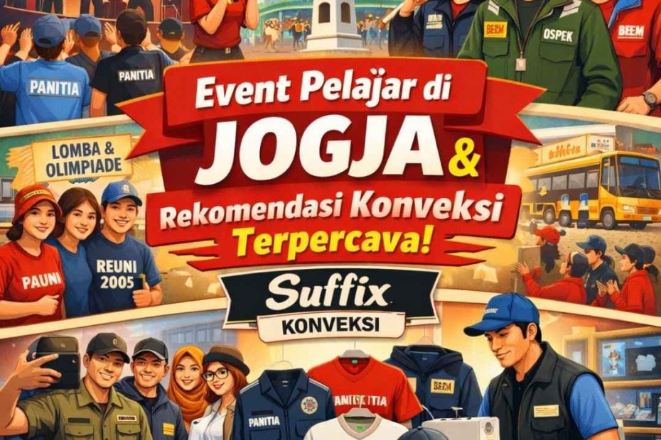 Ilustrasi event pelajar di Jogja dengan panitia memakai rompi, kaos study tour, seragam organisasi kampus dan produksi apparel Suffix Konveksi