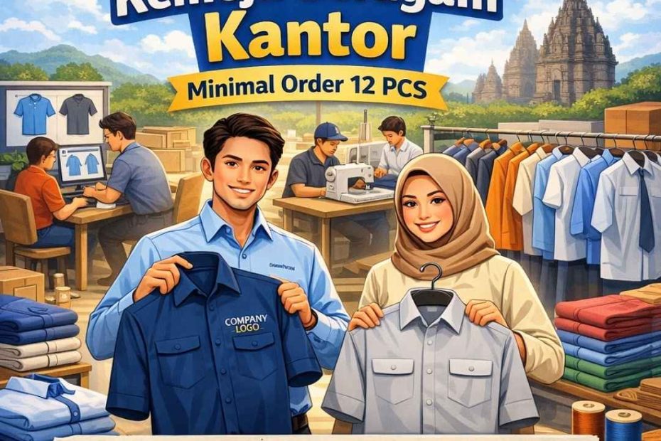 Ilustrasi pembuatan kemeja seragam kantor custom di Suffix Konveksi Jogja dengan layanan desain gratis, garansi produksi 100 persen, dan minimal order 12 pcs