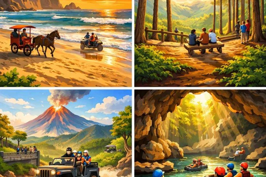 Ilustrasi Pantai Parangtritis Yogyakarta dengan ombak laut selatan dan aktivitas wisata alam, cocok untuk kegiatan komunitas dan seragam kaos custom.