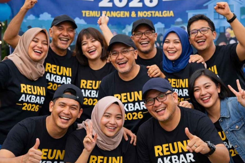 Reuni akbar 2026 dengan peserta mengenakan kaos custom reuni berwarna hitam hasil produksi konveksi Jogja Suffix Konveksi