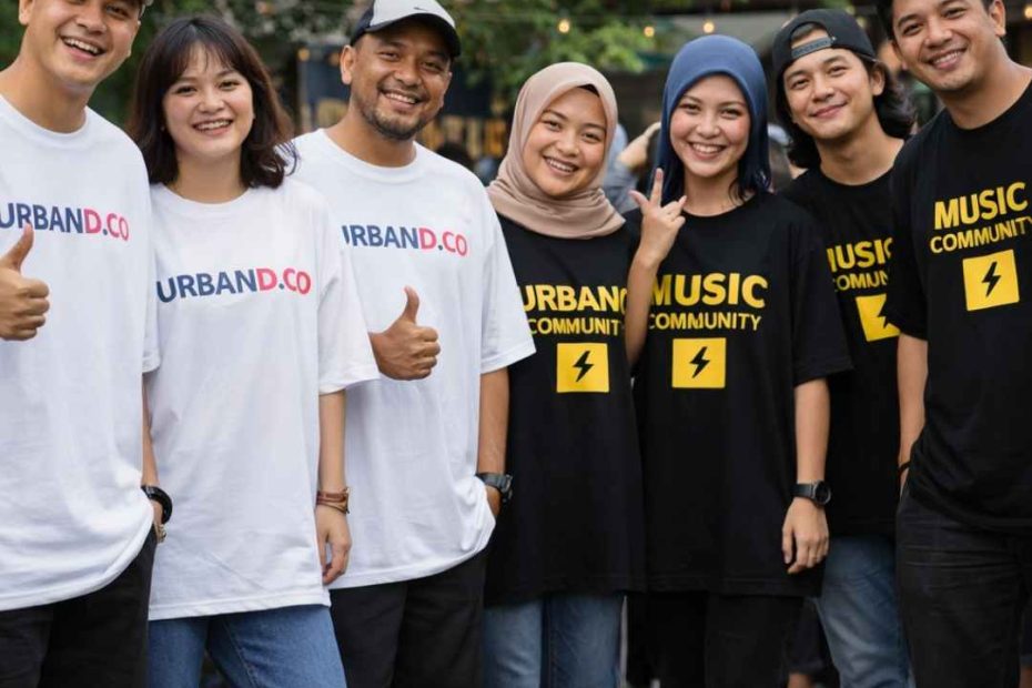 Komunitas dan brand mengenakan kaos oversize custom hitam dan putih dengan desain logo modern dalam suasana outdoor santai