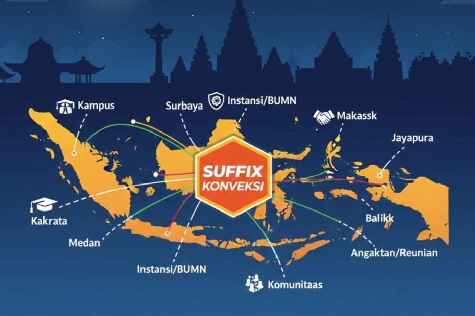 Ilustrasi peta pengiriman Suffix Konveksi dari Yogyakarta ke seluruh kota besar di Indonesia seperti Jakarta, Medan, Surabaya, dan Makassar yang menampilkan layanan free desain, minimal order 12 pcs, serta jaminan garansi produksi 100 persen untuk seragam kampus dan instansi.