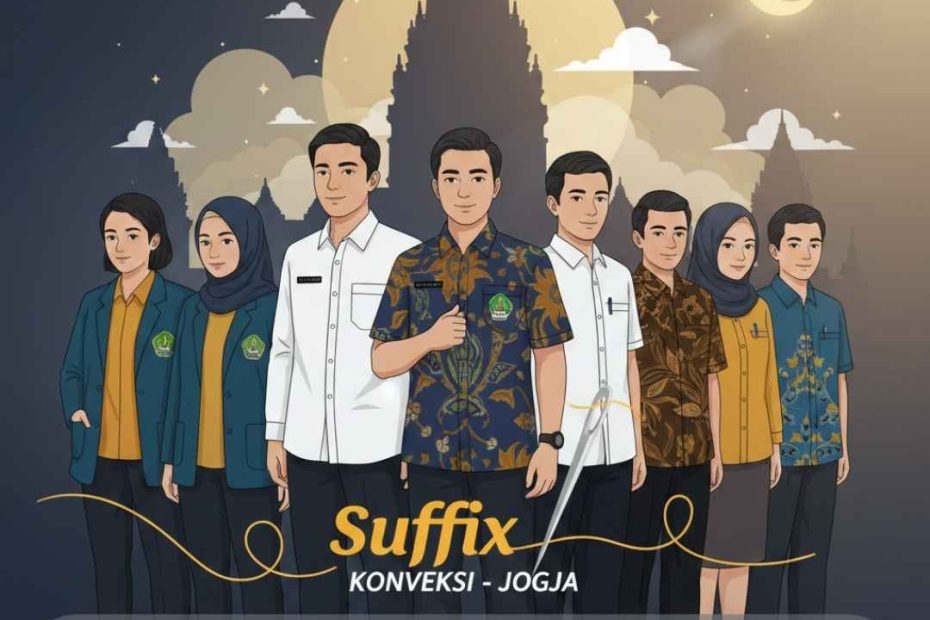 Ilustrasi layanan Suffix Konveksi Jogja memproduksi kemeja custom untuk instansi, kampus, dan komunitas dengan latar belakang nuansa Islami Isra Miraj di Yogyakarta.