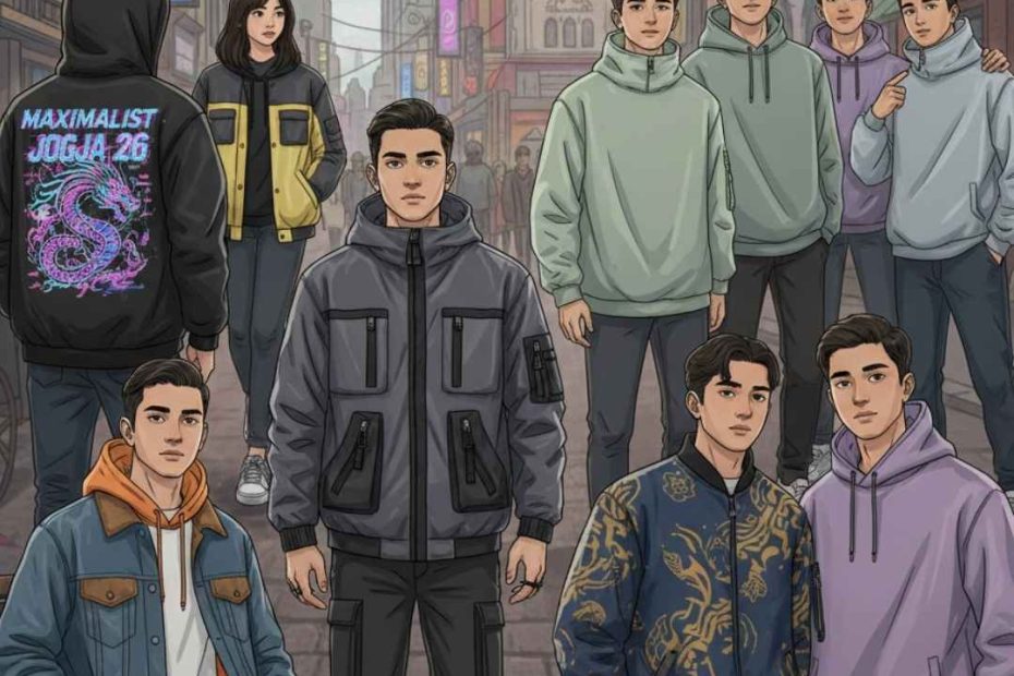 Ilustrasi tren jaket dan hoodie 2026 produksi Suffix Konveksi Jogja dengan desain grafis maksimalis, gaya techwear fungsional, dan aksen lokal modern di latar belakang jalanan kota Yogyakarta.