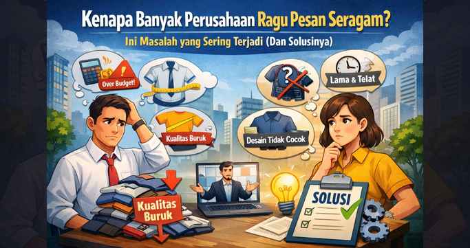 Ilustrasi manajer perusahaan ragu memesan seragam karena over budget, kualitas buruk, desain tidak cocok, dan keterlambatan produksi, disertai solusi checklist dan konsultasi online.