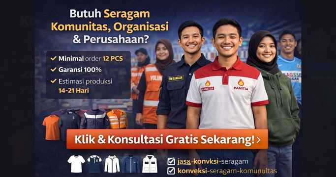 Ilustrasi jasa konveksi seragam komunitas, organisasi, dan perusahaan minimal 12 pcs dengan garansi produksi 100% di Jogja.