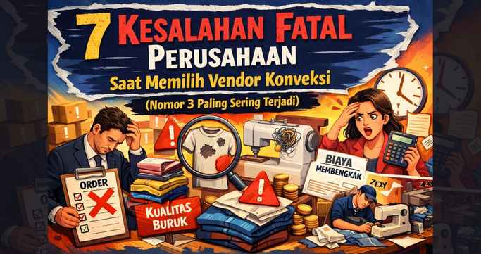 Ilustrasi 7 kesalahan fatal perusahaan saat memilih vendor konveksi dengan visual perbandingan vendor profesional dan vendor bermasalah dalam format 16:9.