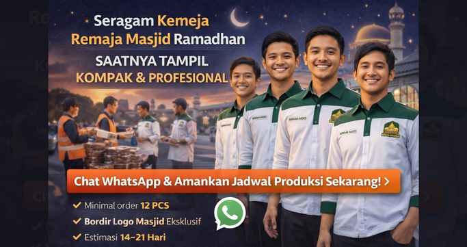 Ilustrasi seragam kemeja remaja masjid Ramadhan dengan bordir logo masjid, minimal order 12 pcs, konveksi Jogja terpercaya.