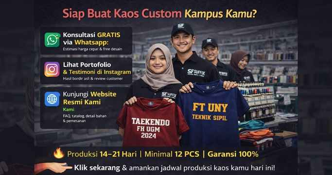 Tim vendor kampus Indonesia menampilkan kaos custom produksi konveksi kaos Jogja Bantul dengan minimal 12 pcs dan garansi produksi 100%.