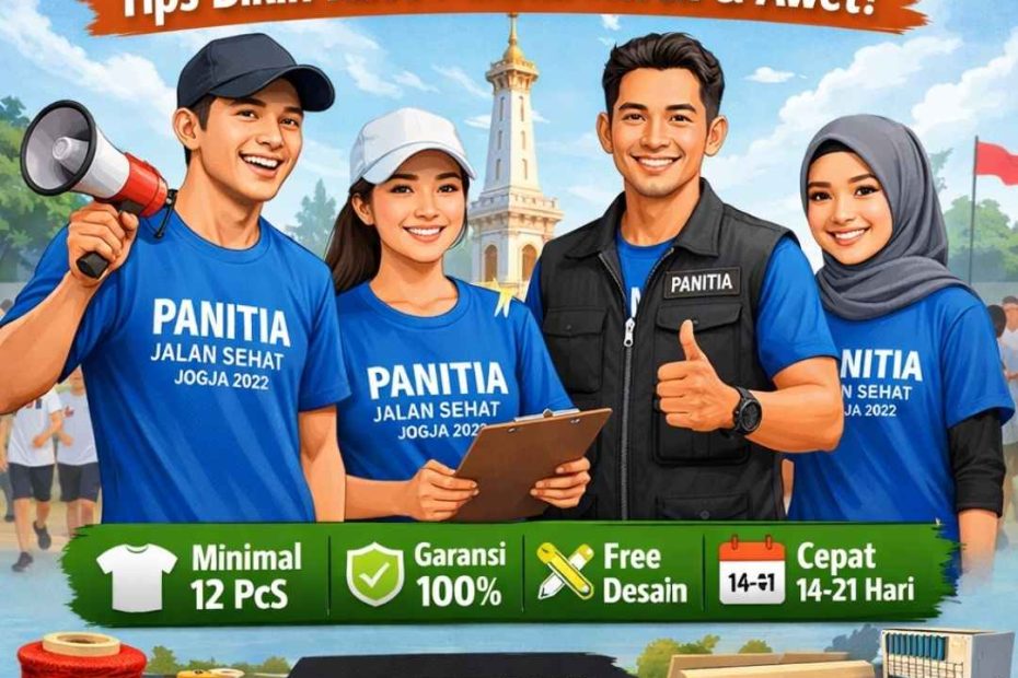 Ilustrasi panitia event jalan sehat Jogja memakai kaos panitia biru dari Suffix Konveksi dengan layanan free desain dan garansi produksi