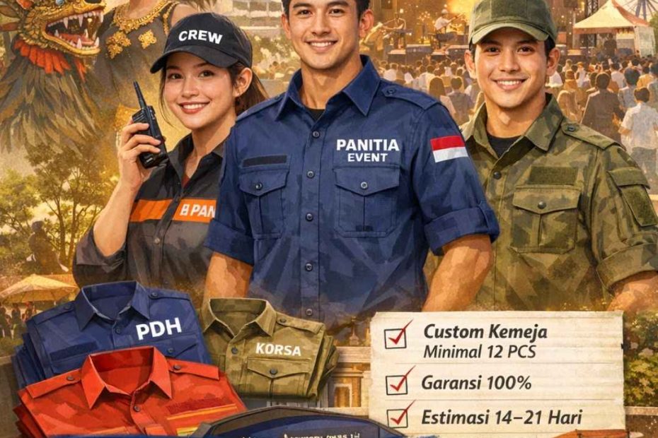 Ilustrasi panitia event wisata dan festival lokal mengenakan kemeja seragam custom dari Suffix Konveksi Jogja dengan desain rapi dan profesional.