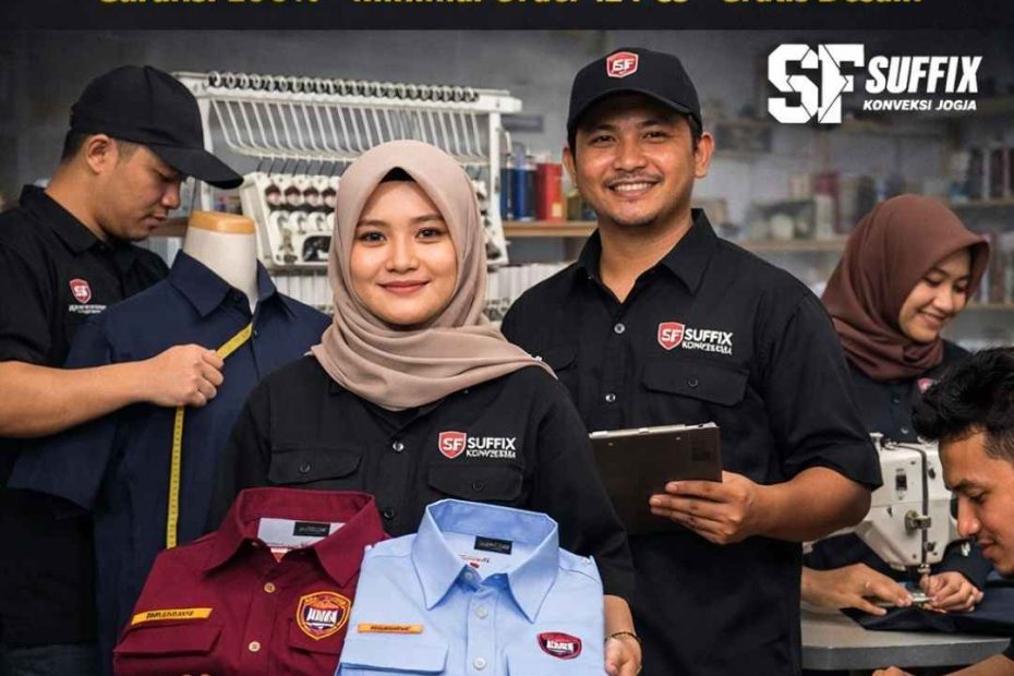 Vendor kemeja kampus Indonesia Suffix Konveksi Jogja produksi kemeja custom minimal 12 PCS dengan bordir profesional dan garansi 100%