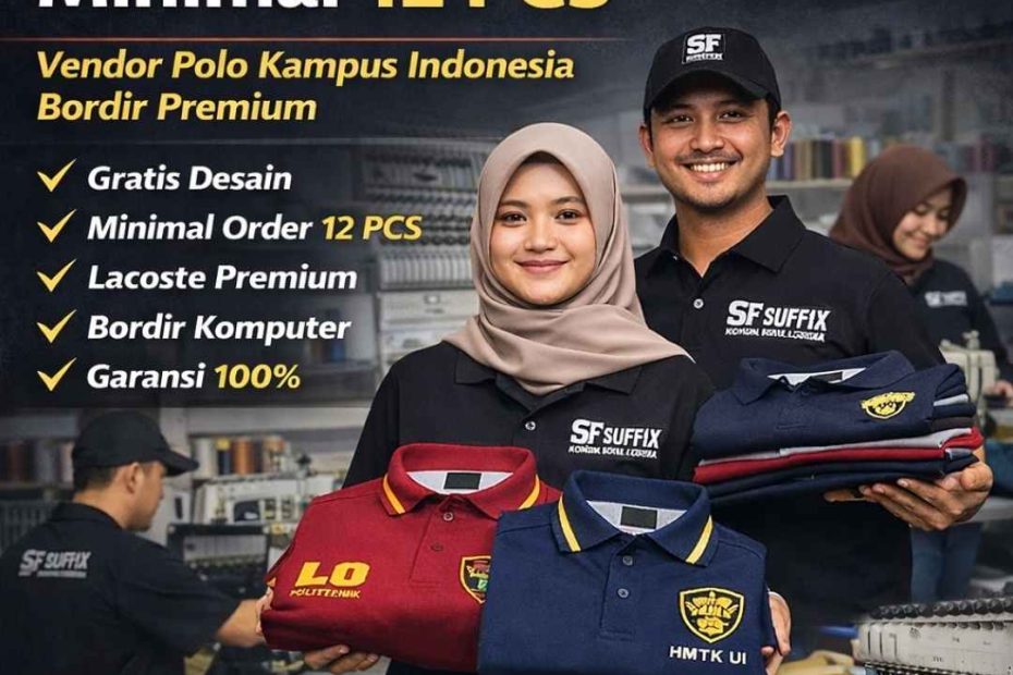 Konveksi polo Jogja minimal 12 PCS bahan lacoste premium dengan bordir komputer rapi untuk vendor kampus Indonesia dan seragam komunitas.