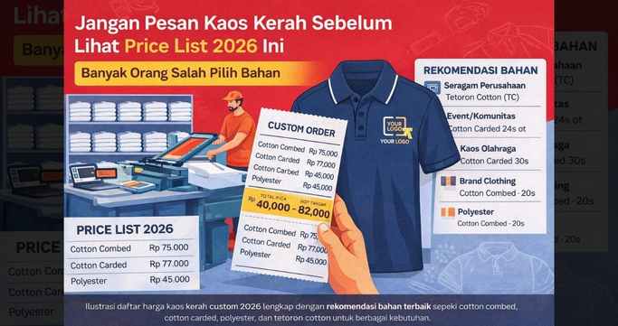 Ilustrasi price list kaos kerah custom 2026 dengan rekomendasi bahan cotton combed, cotton carded, polyester dan tetoron cotton untuk polo shirt custom konveksi jogja