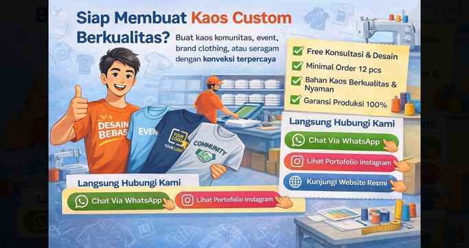 Ilustrasi konveksi kaos custom dengan berbagai pilihan bahan seperti cotton combed, cotton carded, polyester dan layanan desain gratis untuk pembuatan kaos custom komunitas dan event