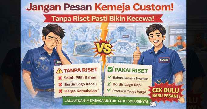 Ilustrasi perbandingan pesan kemeja custom tanpa riset dan dengan riset yang menunjukkan kesalahan memilih bahan, bordir logo, dan konveksi kemeja