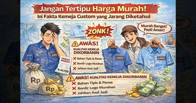 Ilustrasi kesalahan memilih kemeja custom murah dengan perbandingan hasil konveksi berkualitas dan konveksi harga murah pada bahan, bordir logo, dan jahitan
