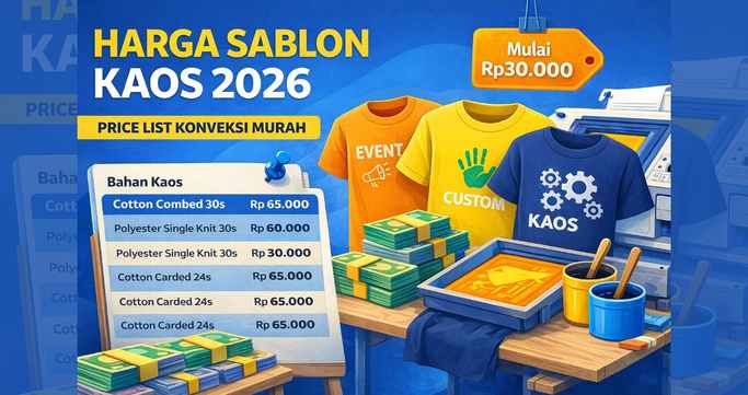 Ilustrasi harga sablon kaos 2026 dengan price list konveksi murah bahan cotton combed, polyester dan carded untuk kaos custom