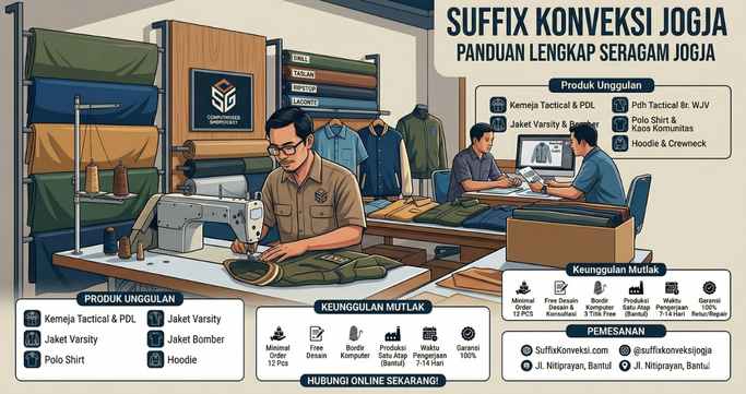 Ilustrasi aktivitas konveksi seragam Suffix Konveksi Jogja, menampilkan penjahit sedang bekerja dengan mesin jahit, stok kain, contoh seragam seperti jaket varsity dan kemeja tactical, serta infografis layanan seperti minimal order 12 pcs, free desain, dan garansi 100%.