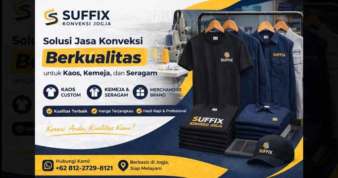Suffix Konveksi Jogja jasa konveksi berkualitas untuk kaos custom, kemeja, dan seragam dengan hasil rapi dan harga terjangkau
