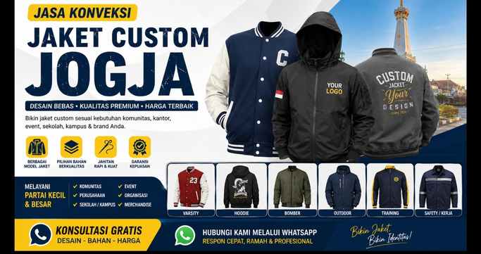 Ilustrasi banner jasa konveksi jaket custom Jogja dengan berbagai model jaket seperti varsity, hoodie, bomber, outdoor, training, dan safety kerja dengan desain modern dan profesional.
