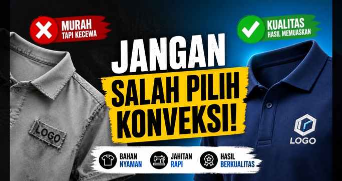 Ilustrasi perbandingan hasil konveksi murah dan berkualitas dengan tampilan seragam rusak di sisi kiri dan polo premium di sisi kanan serta tulisan “Jangan Salah Pilih Konveksi”.