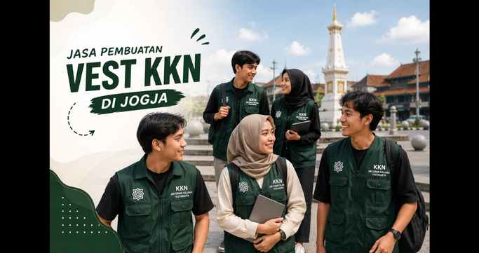Mahasiswa KKN mengenakan vest hijau custom di kawasan Tugu Jogja hasil produksi Suffix Konveksi Jogja.