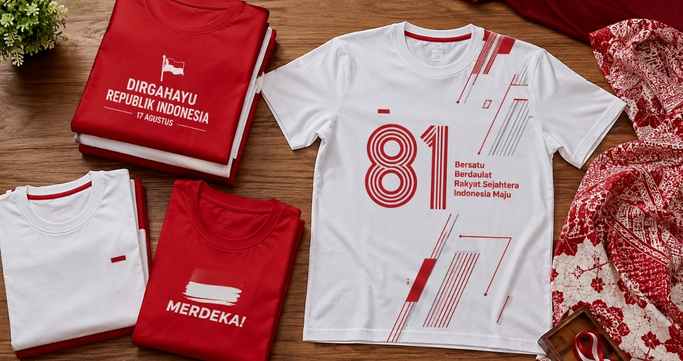 Kaos 17 Agustusan 2026 flat lay merah putih desain minimalis dari Suffix Konveksi Jogja