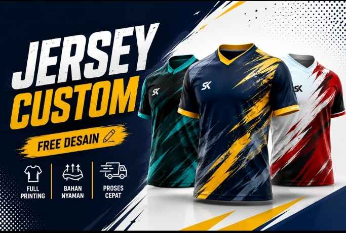 Jasa pembuatan jersey custom full printing dengan desain gratis untuk sekolah, kampus, komunitas, organisasi, perusahaan, dan tim olahraga.