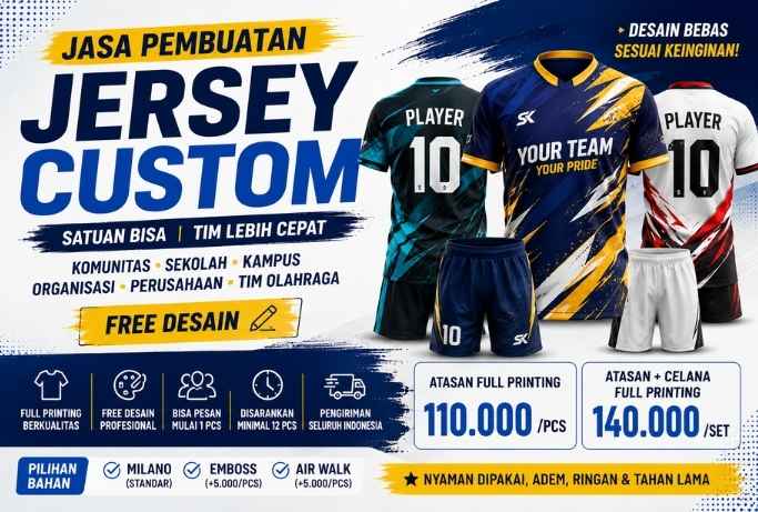Konveksi jersey custom full printing dengan layanan desain gratis untuk pembuatan jersey sekolah, kampus, komunitas, organisasi, perusahaan, dan tim olahraga.