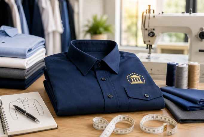 Konveksi kemeja custom instansi ber-PKP dengan tampilan kemeja seragam formal berwarna navy di meja kerja konveksi, lengkap dengan mesin jahit dan perlengkapan produksi.