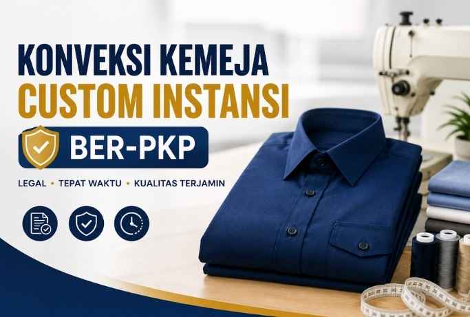 Thumbnail bertuliskan "Konveksi Kemeja Custom Instansi Ber-PKP" dengan latar kemeja seragam formal berwarna navy dan suasana workshop konveksi modern.