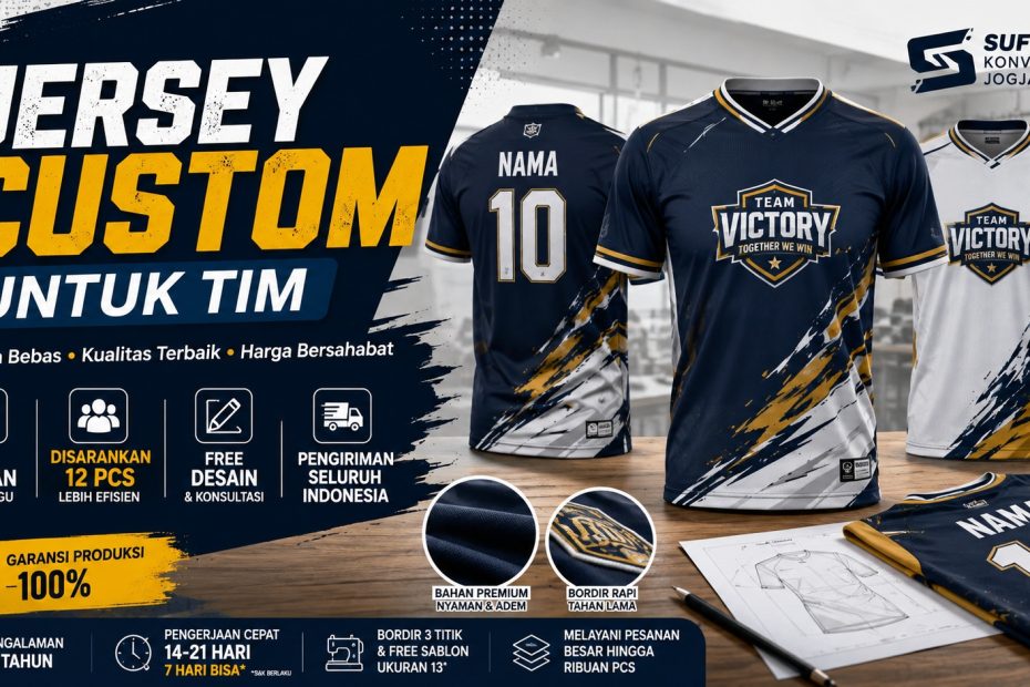 Jersey custom untuk tim dengan desain sporty di meja produksi konveksi